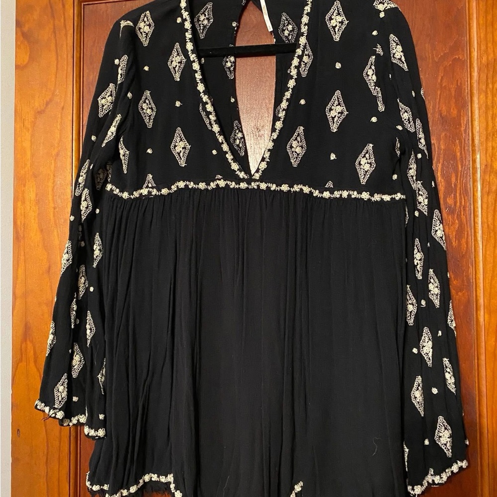 Free People Black and White Embroidered Blouse